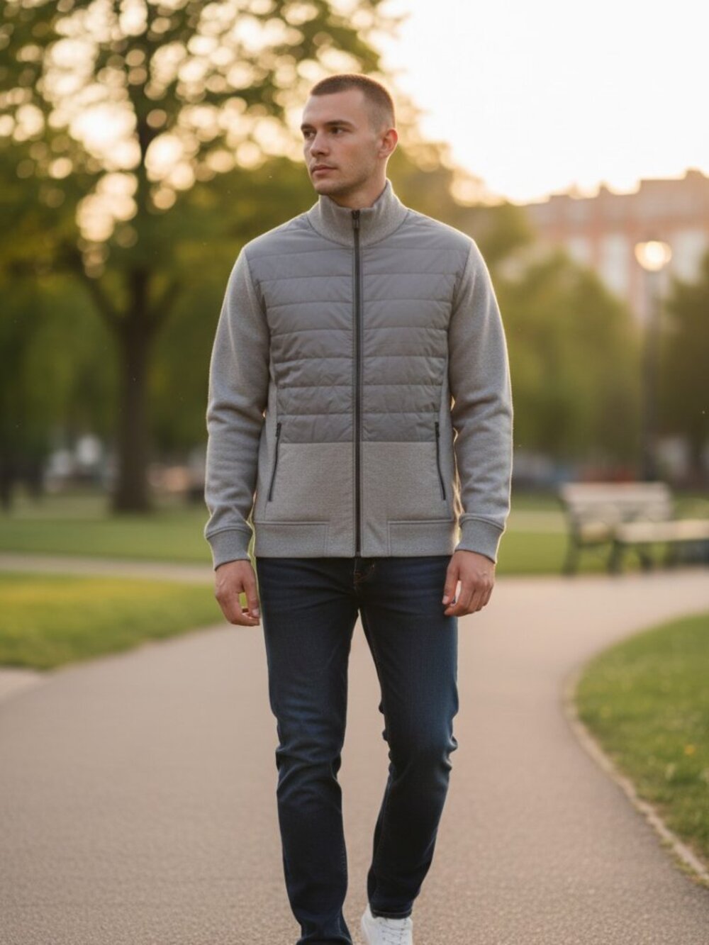 Massimo Dutti Silk-Blend Hybrid Quilted Sweater Jacket - Grey - Men's L